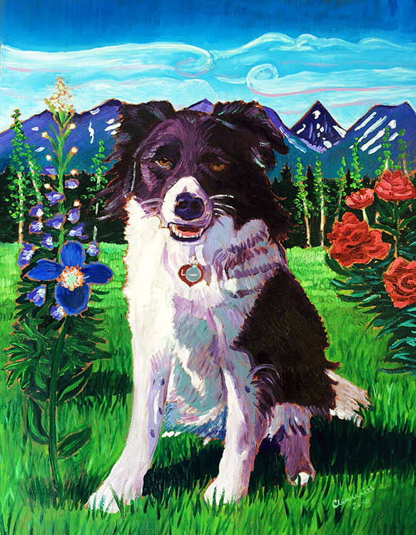 Dog in field with flowers